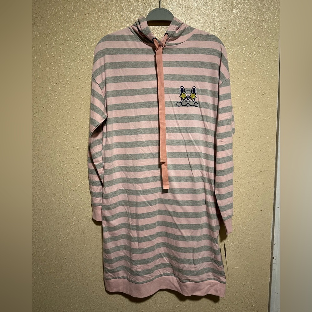 Non Stop Pajama Dress Hooded Striped Dog Animal Print Size‎ large Pockets